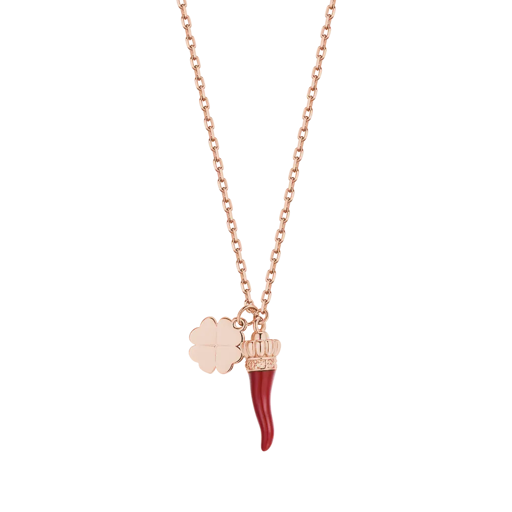 COLLANA IN ARGENTO CON CORNO ROSSO E QUADRIFOGLIO Melitea