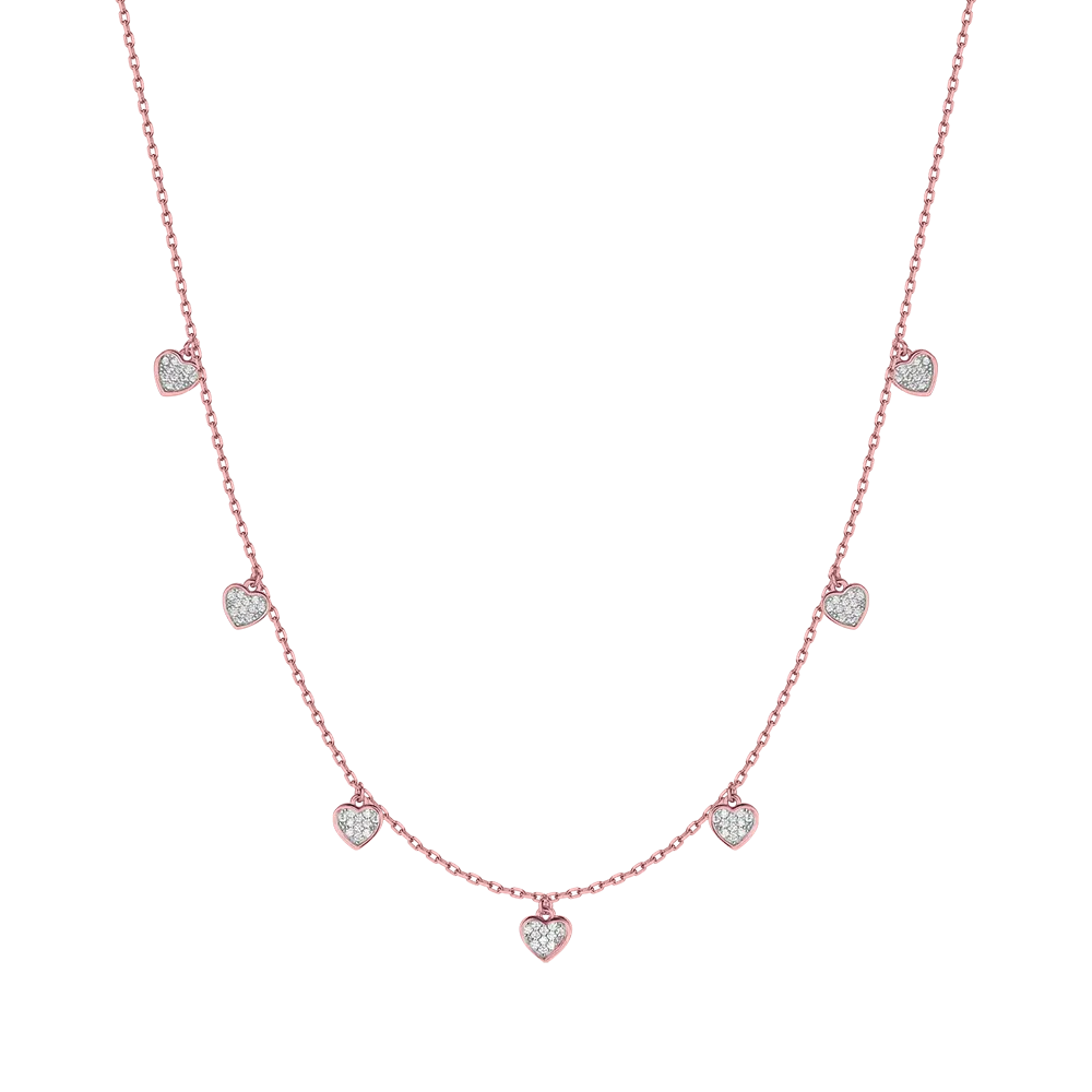 COLLANA IN ARGENTO IP ROSE CON CUORI CON CRISTALLI BIANCHI Melitea