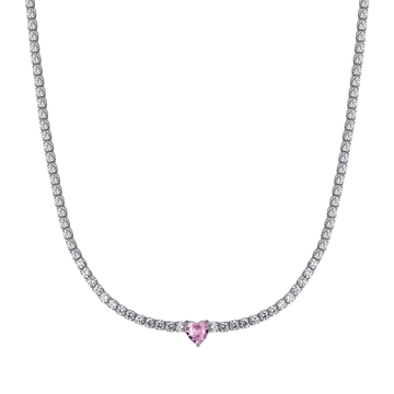 COLLANA TENNIS IN ARGENTO CON ZIRCONI BIANCHI E CUORE ROSA Melitea