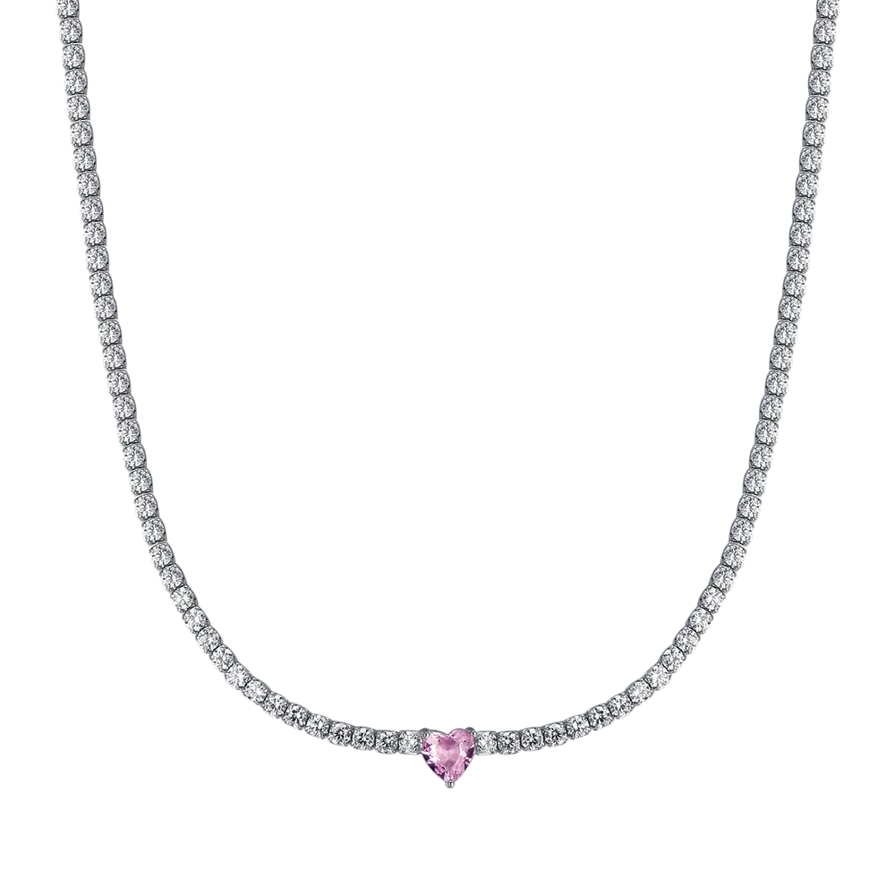 COLLANA TENNIS IN ARGENTO CON ZIRCONI BIANCHI E CUORE ROSA Melitea