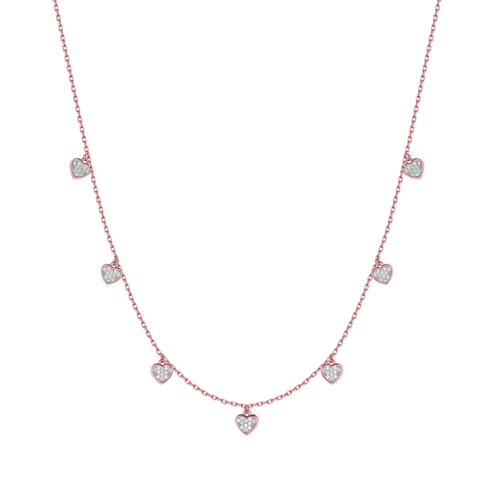 COLLANA IN ARGENTO IP ROSE CON CUORI CON CRISTALLI BIANCHI Melitea