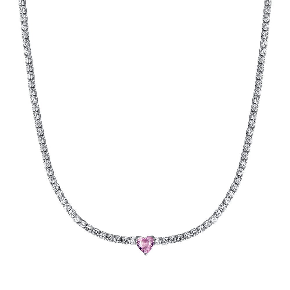 COLLANA TENNIS IN ARGENTO CON ZIRCONI BIANCHI E CUORE ROSA Melitea