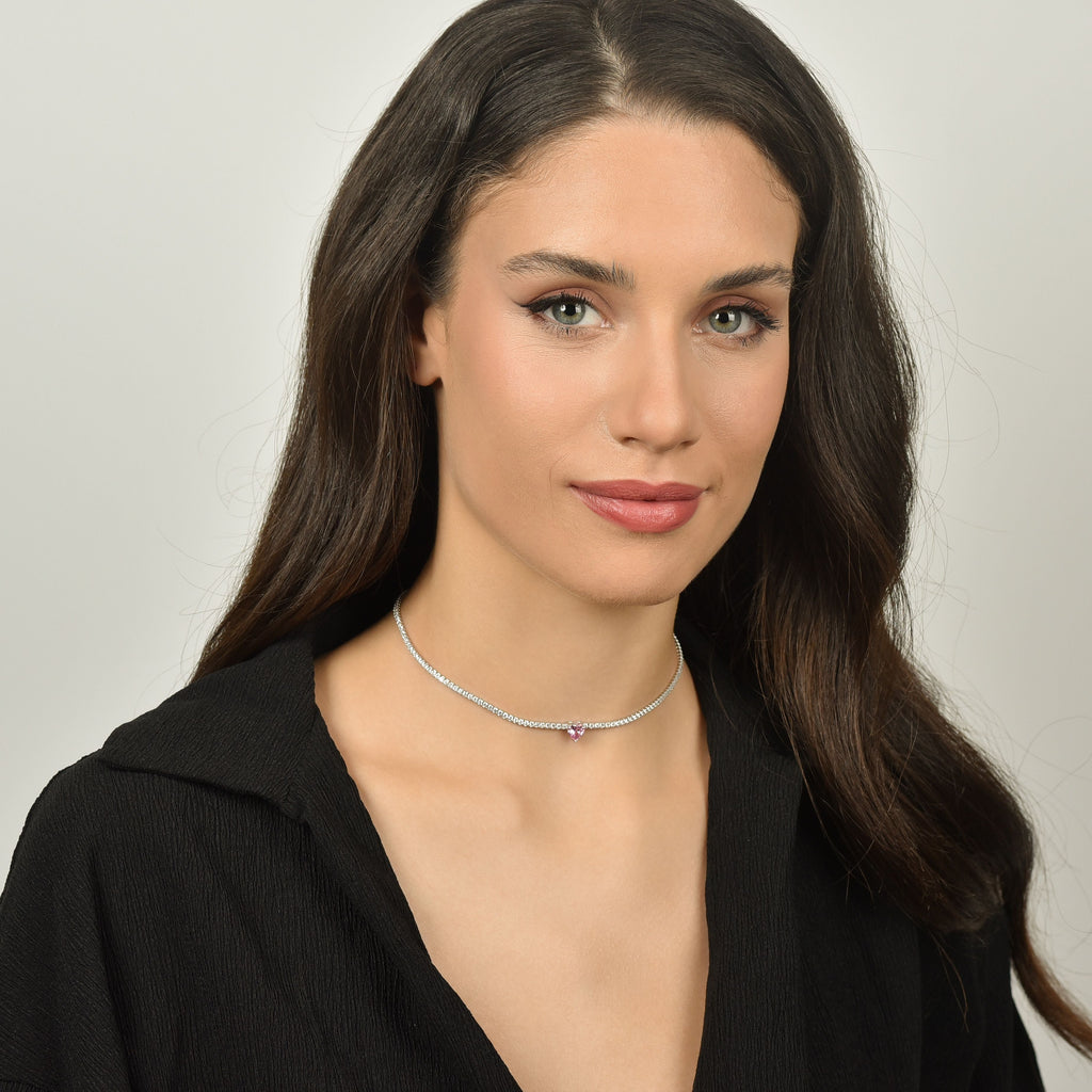 COLLANA TENNIS IN ARGENTO CON ZIRCONI BIANCHI E CUORE ROSA Melitea