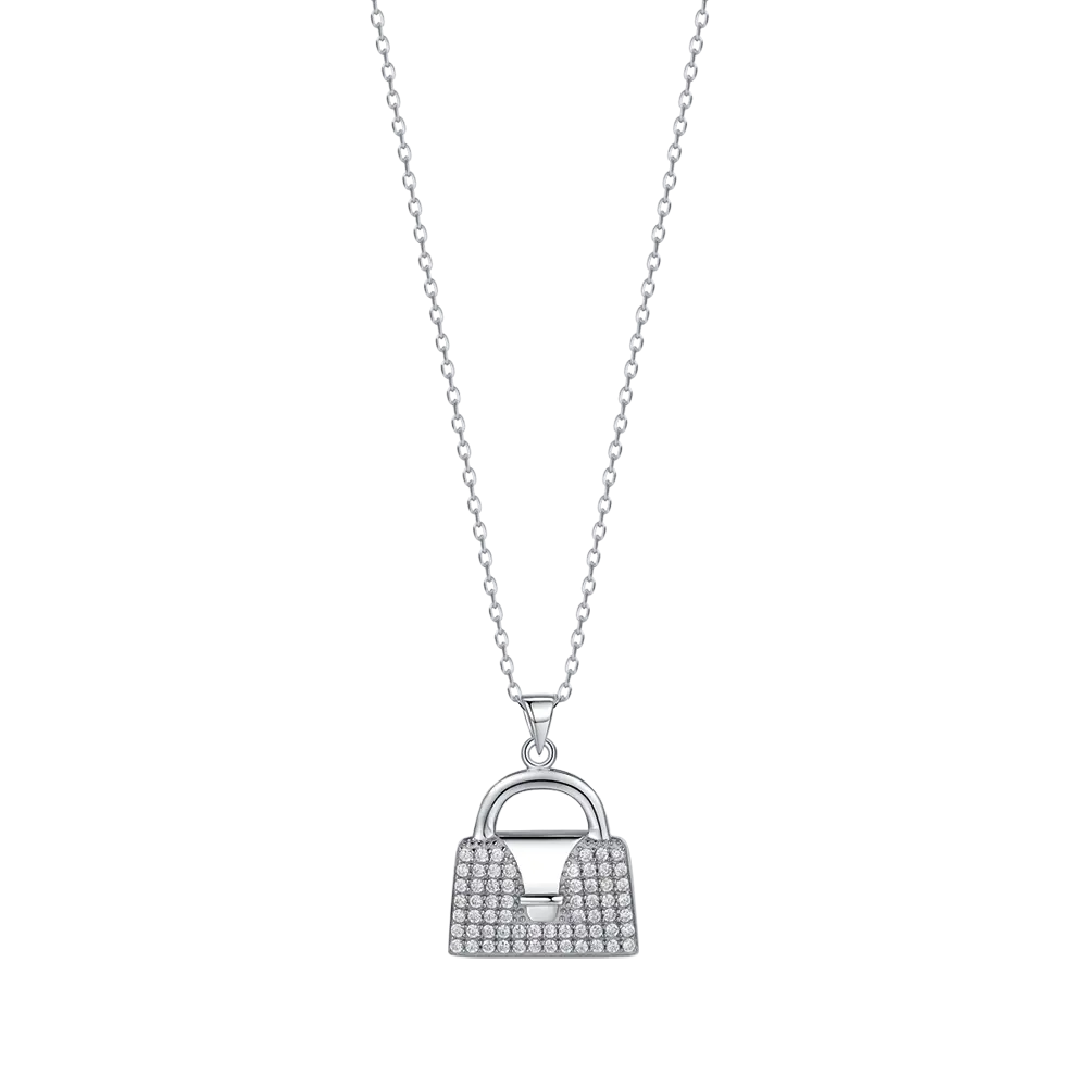 silver necklace with purse pendant with white rhinestones melitea