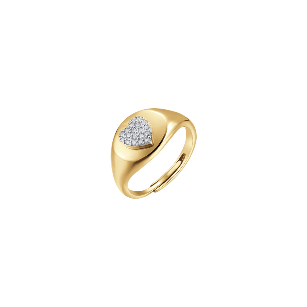 ANELLO SIGILLO IN ARGENTO IP GOLD CON CUORE E ZIRCONI BIANCHI Melitea