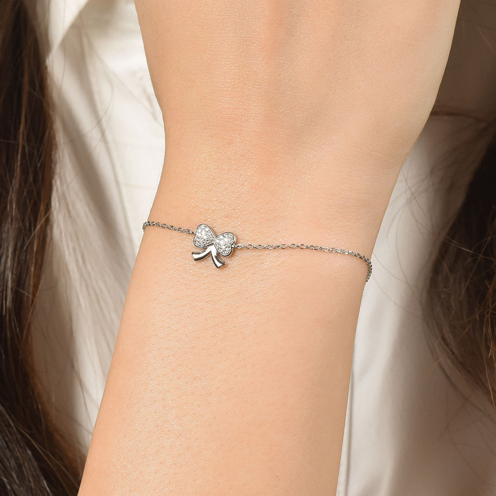 silver bow bracelet with white crystals melitea