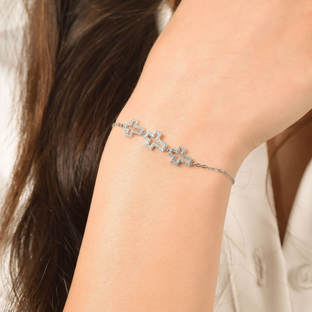 SILVER BRACELET WITH CROSSES WITH WHITE CRYSTALS Melitea