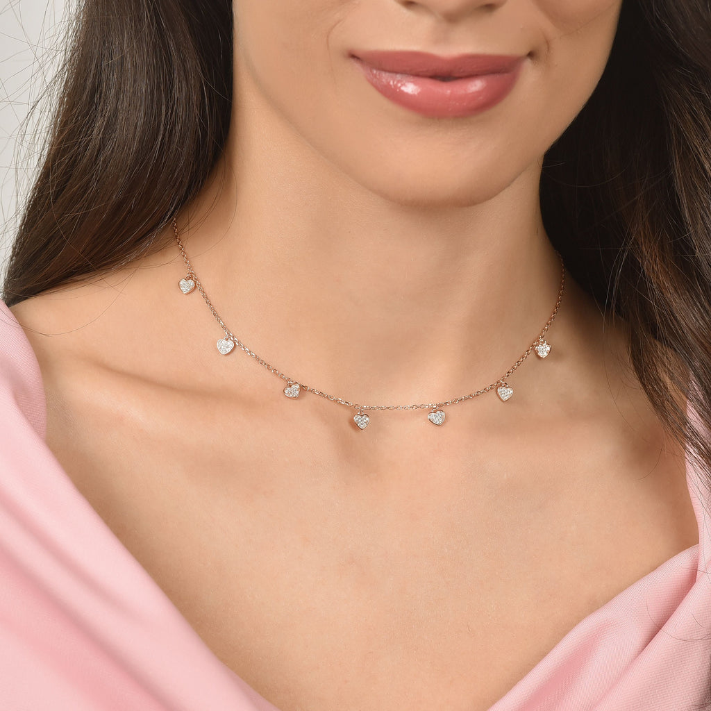 SILVER IP ROSE NECKLACE WITH HEARTS WITH WHITE CRYSTALS Melitea