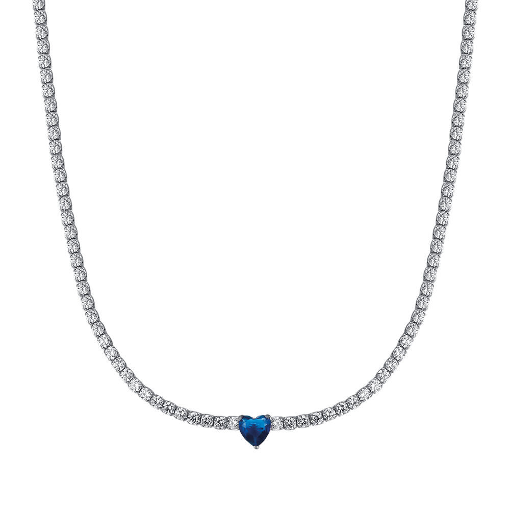 SILVER TENNIS NECKLACE WITH WHITE ZIRCONES AND BLUE HEART Melitea