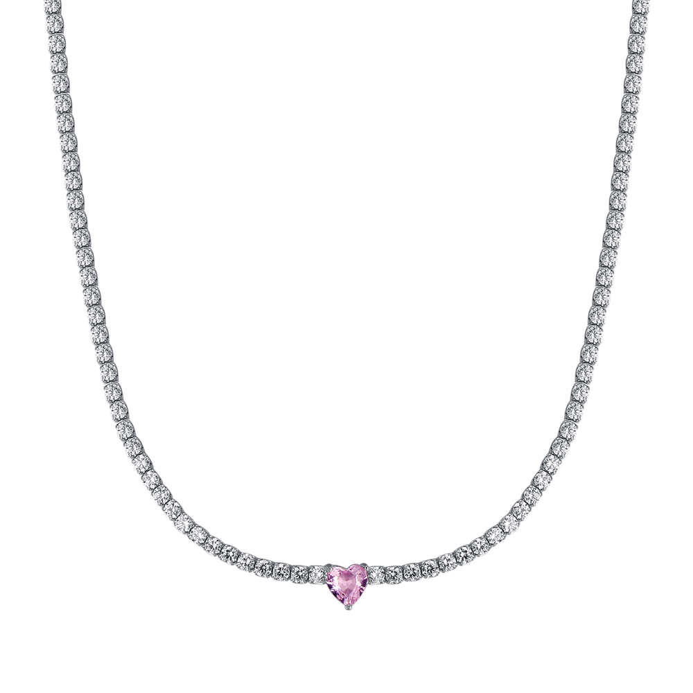 SILVER TENNIS NECKLACE WITH WHITE ZIRCONES AND PINK HEART Melitea